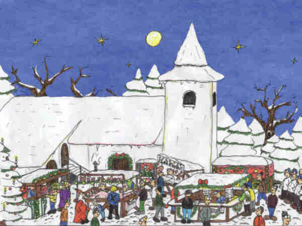 Adventsmarkt vor der Rethmarer Kirche (Zeichnung von Tobias May, 14 Jahre, Rethmar)